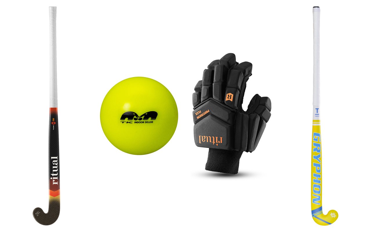 Sprzęt do hokeja halowego z oferty Field Hockey Zone – kij halowy Ritual Precision 50 Max, żółta piłka TK Indoor Deluxe, rękawica halowa Ritual Precision Flex i drewniany kij halowy Gryphon Taboo