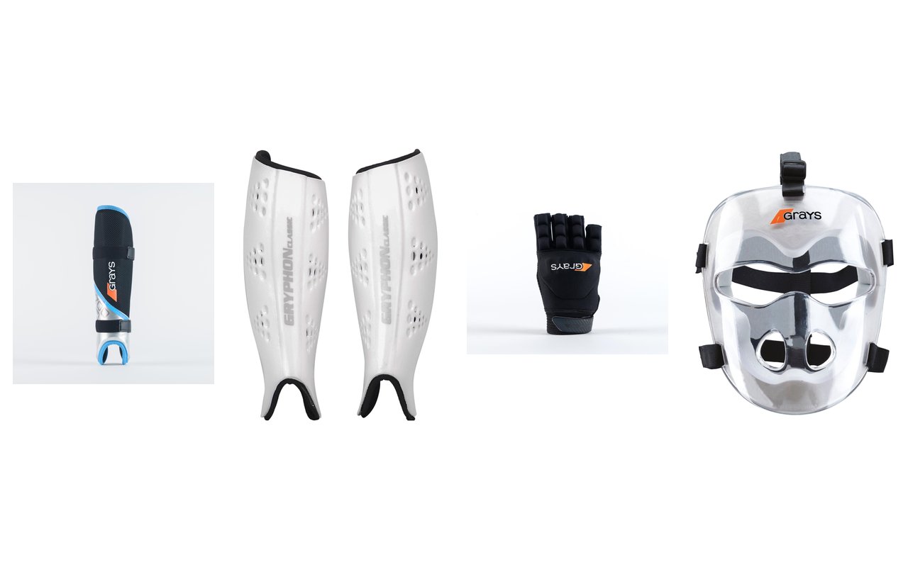 Ochraniacze polowe z oferty Field Hockey Zone – nagolennik Grays G700 Pro, para nagolenników Gryphon Classic, rękawica Grays i maska Grays na rzut rożny