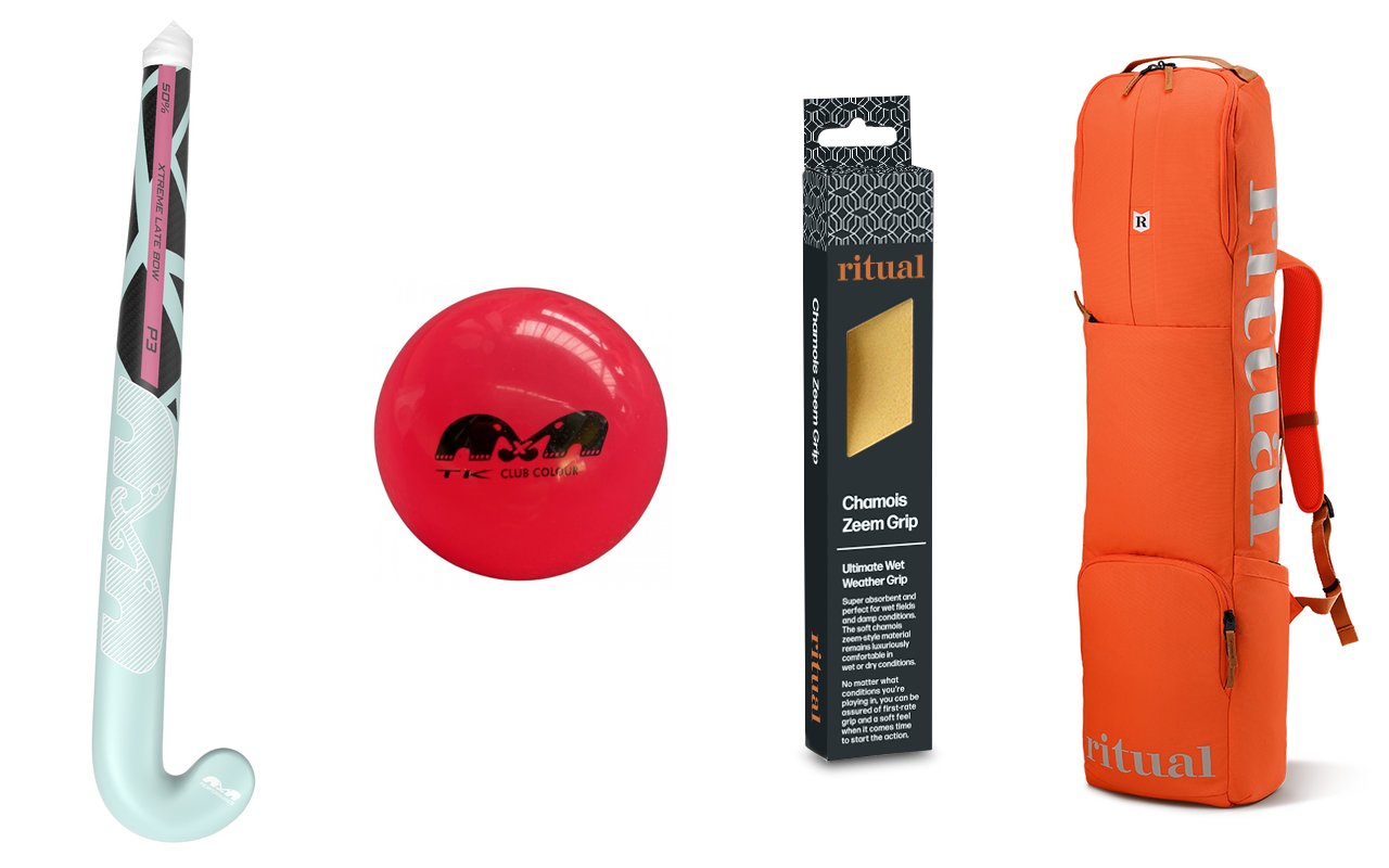 Sprzęt na rozgrzewkę z oferty Field Hockey Zone – kij TK, piłka treningowa TK, owijka Ritual i torba Ritual