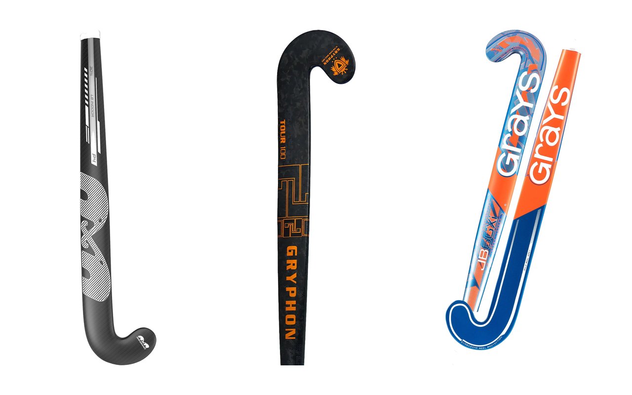 Trzy kije halowe: TK P4 LB Indoor, Gryphon Tour DII Indoor i Grays JB6GXi Jumbow Indoor